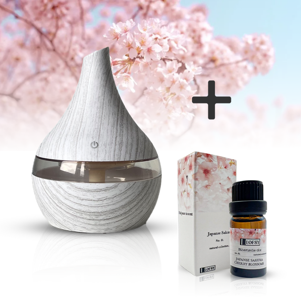 Aroma diffuser starterset – Lofsy Classic whitewood Luchtbevochtiger 300ml + Japanse sakura olie (cherry blossoms)